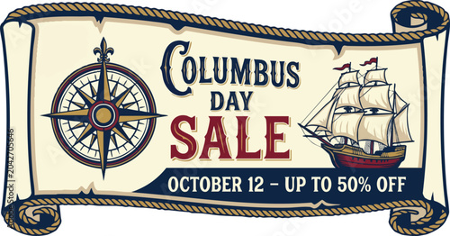 Nautical Columbus Day sale banner with sailing ship and compass