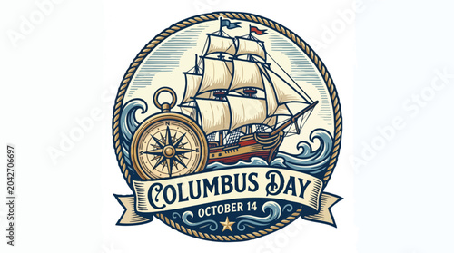 Columbus Day emblem with a sailing ship and nautical compass