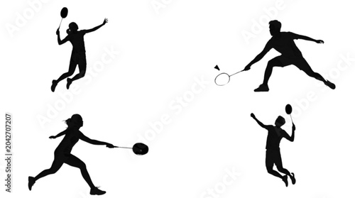 Four silhouettes of people playing badminton action shots