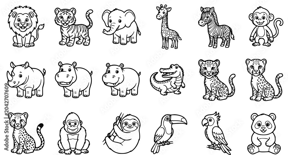 Obraz premium Cartoon wild animals coloring book illustrations