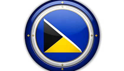 Circular emblem. Blue circle divided into black, white, yellow; metallic border and white background