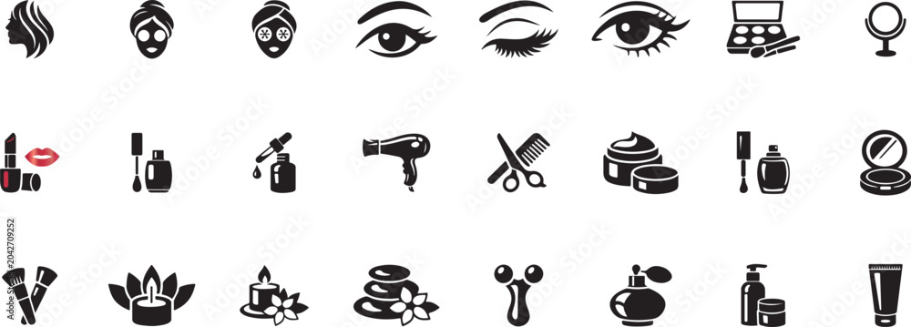 Obraz premium Beauty icon set, cosmetics skincare salon vector illustration collection.