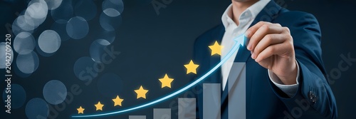 Achieving excellence A professional hand illustrating five stars over an upward trending graph, symbolizing peak business performance, customer satisfaction, and continuous growth strategy