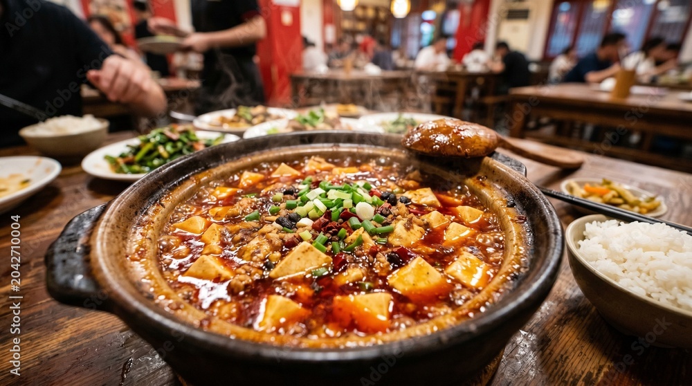 Fototapeta premium Sichuan mapo tofu simmering in clay pot with glistening red chili oil surface, silken tofu and minced pork in spicy broth, authentic Chinese Sichuan restaurant