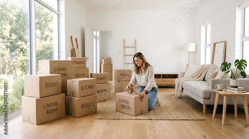 Woman packing moving boxes in a bright, modern living room