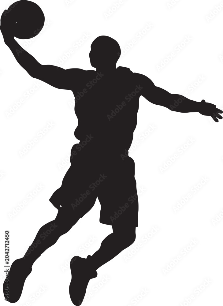 Obraz premium Slam dunk basketball player silhouette jumping in the air for a score isolated on white background with basketball silhouette competition professional training athletic movement