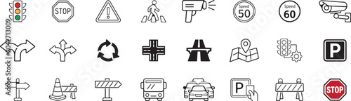 Quadro su tela Traffic solid icon set, road transportation and traffic control vector illustration set