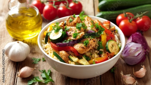Colorful Vegetable and Chicken Stir-Fry in Bowl with Fresh Ingredients and Olive Oil on Wooden Table, Perfect for Healthy Eating and Meal Prep Ideas