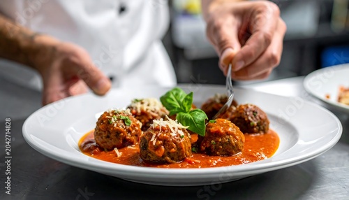 Chef delicately garnishing meatballs in vibrant red sauce on a white plate with fresh basil leaves and grated cheese