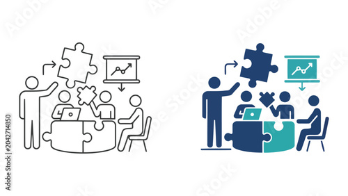 Tableau sur toile Team problem solving and collaborative brainstorming icon set with puzzle pieces