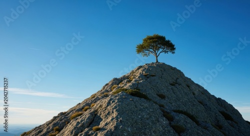 Solitary tree crowns craggy peak under vibrant, cloudless sky