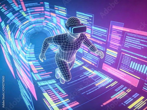 The character wearing a VR headset is running in the digital world