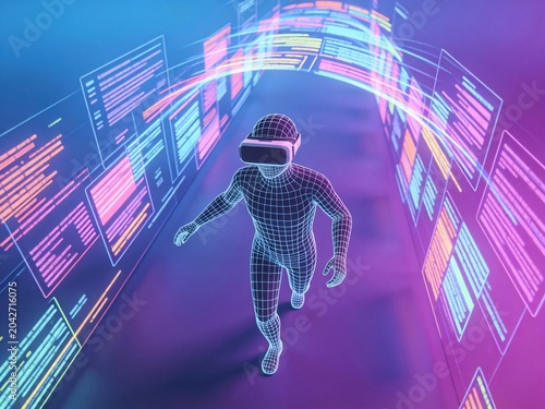 The character wearing a VR headset is running in the digital world
