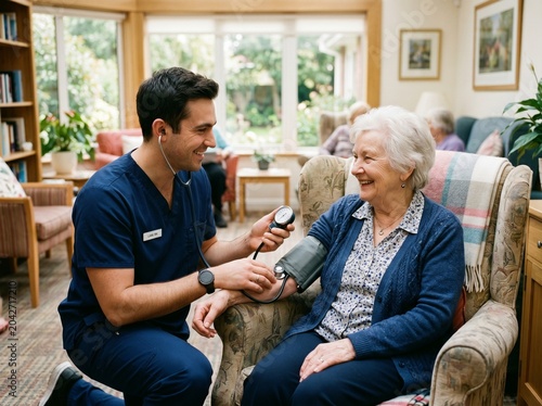 Caring male nurse checking the blood pressure of a smiling senior woman in a comfortable and bright nursing home.