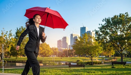 young business woman with umbrella running in the city during a sunny day 