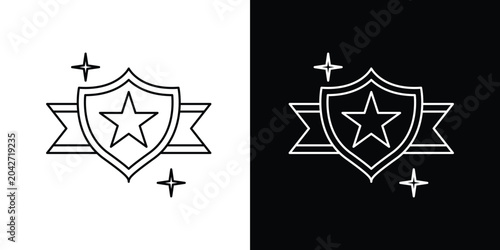 Photos Monochrome line art icon of a stellar shield with a flowing banner, perfect for