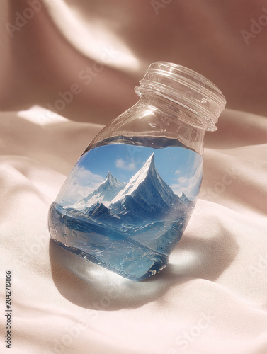 Surreal Miniature Mountain Landscape Encased in a Transparent Water Bottle on Soft Fabric