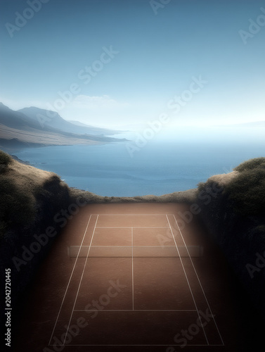 Clay Tennis Court on Coastal Cliff Overlooking Ocean Horizon With Vintage Atmospheric Minimalist Vibe