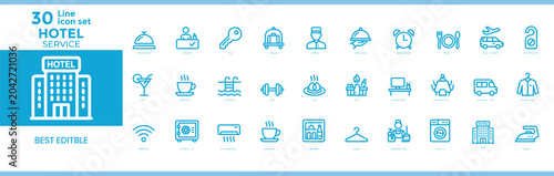 Foto Building amenities line icon set featuring real estate apartment gym, hotel serv