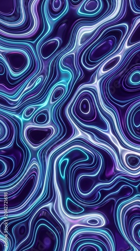 Glowing neon liquid topology abstract background with flowing purple and blue contours