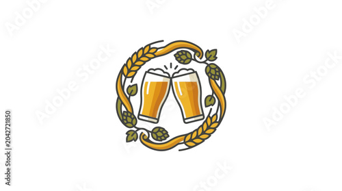 Konstfotografi Craft Beer Toasting Illustration with Hops and Wheat Wreath