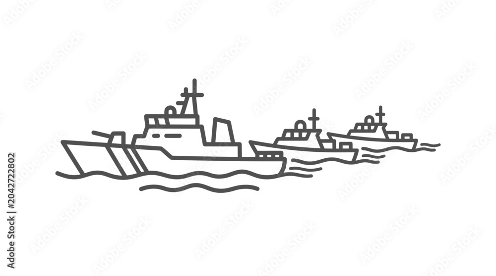 Obraz premium Group of three naval ships sailing line art.