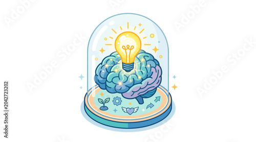 Photos Featuring a brain in a glass dome with a glowing lightbulb, plant, and gears