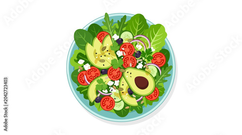 Fresh green healthy vegetable avocado tomato onion cheese salad bowl colorful ingredients. Ideal for health food blogs or recipe websites.