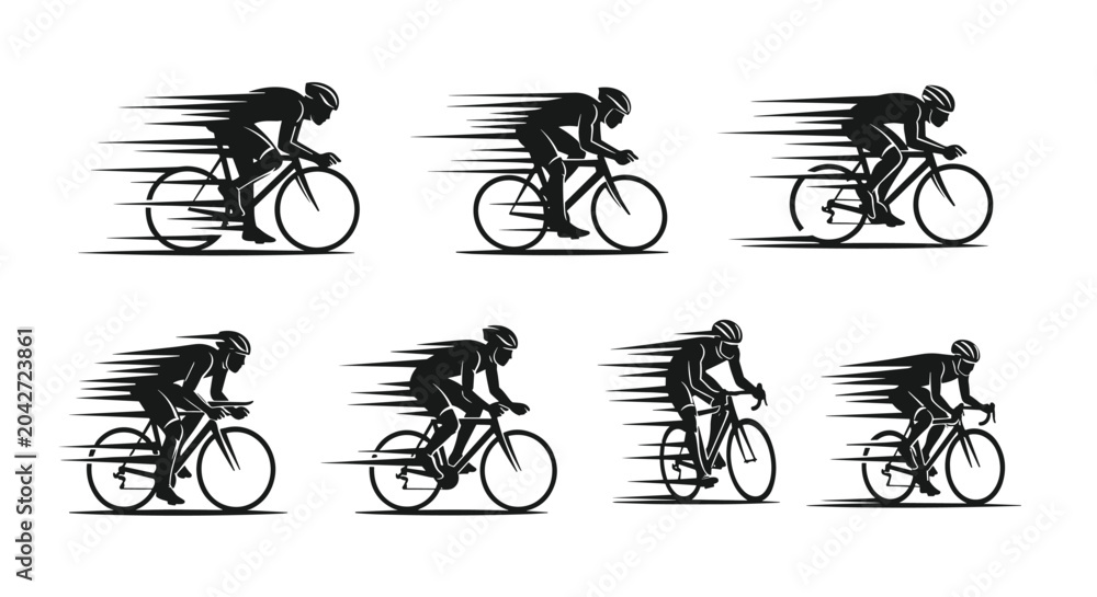 Obraz premium Professional road cyclists racing with motion blur effects shown in various athletic positions for sports competition and health themes.