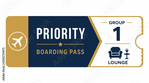 Foto Priority boarding pass graphic element with airplane and lounge icons, vector il