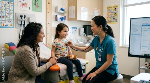 Pediatrician examining smiling child with mother in medical clinic