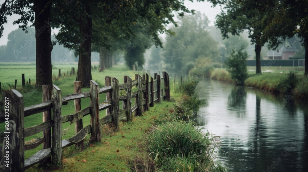 Fototapeta premium Serene Riverbank Scene with Wooden Fence, Lush Greenery, and Misty Atmosphere Perfect for Nature and Tranquility Themes in Stock Photography