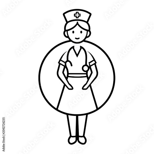 Black and white outline illustration of a nurse with healthcare hospital medicine professional stethoscope character practitioner clinical wellness illustration employment