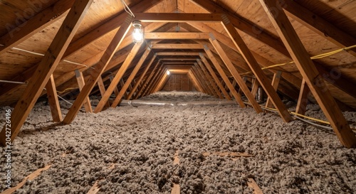 Wide angle view of an attic floor fully covered with blown in insulation material