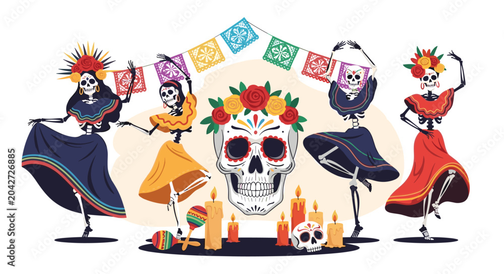 Fototapeta premium Joyful skeletons in traditional Mexican attire dance around a sugar skull decorated with flowers for the Day of the Dead celebration.