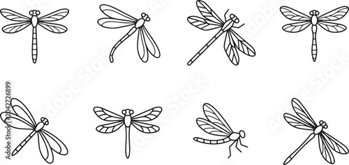 Photos Set of dragonfly species in various flight poses