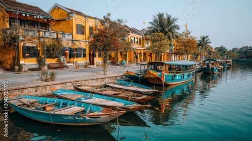 Tranquil River Scene with Colorful Boats and Historic Yellow Buildings in Hoi An, Vietnam during Early Morning Light
