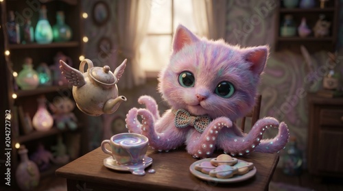 Cute fantasy kitten octopus hybrid having tea in magical pastel room with whimsical floating teapot
