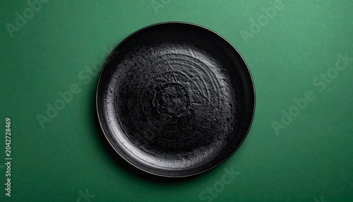Centered dark plate shows textural surface, framed by vibrant green background, creating contrast and minimalist composition