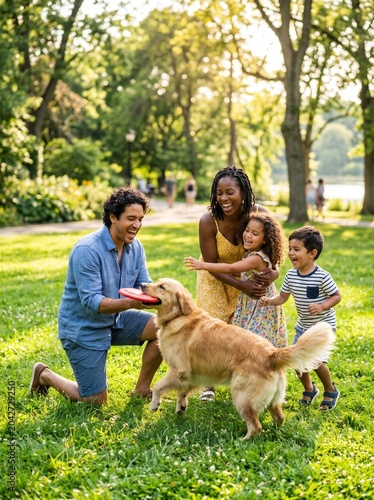 Happy multiracial family smiling and playing with their golden retriever dog outdoors in a sunny green park.