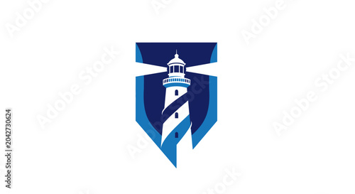 Fotografie Blue lighthouse tower shield emblem icon.