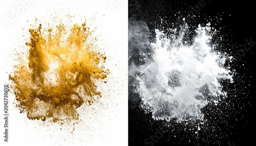 Split image colored explosion on white vs. white explosion on black background