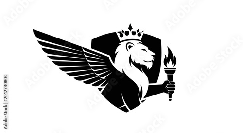 Obraz na płótnie Black winged lion wearing a crown and holding torch.