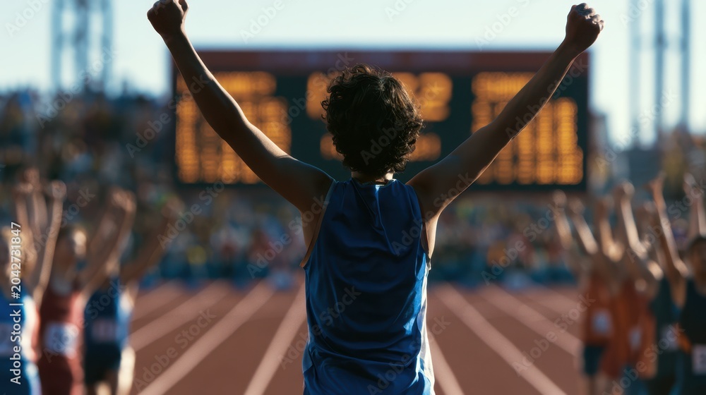 Fototapeta premium Rear view of a Hispanic teenage runner with arms raised in triumph on a track field with other athletes in the background