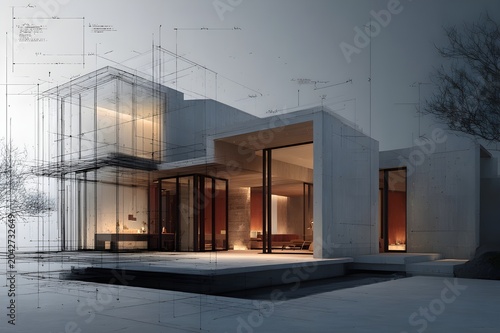 Modern concrete courtyard house, cinematic photorealistic render of fine pencil sketch of concrete texture, large glass openings architectural lines conceptual annotation, hybrid architecture visualiz