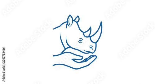 Foto Blue rhinoceros head and cupped hand icon.