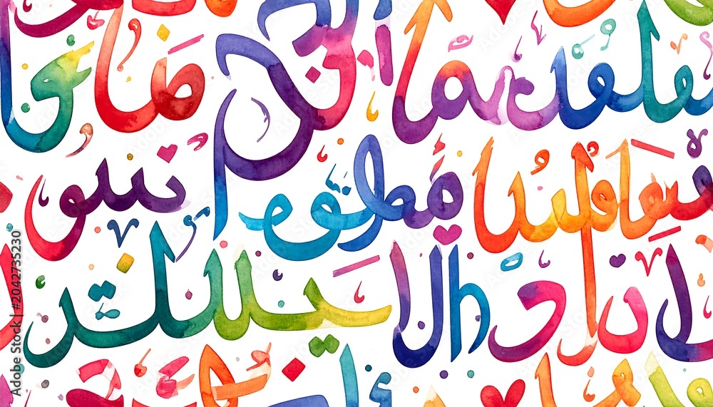 Obraz premium A colorful abstract artwork featuring intricate, swirling patterns of Arabic calligraphy in various bright hues