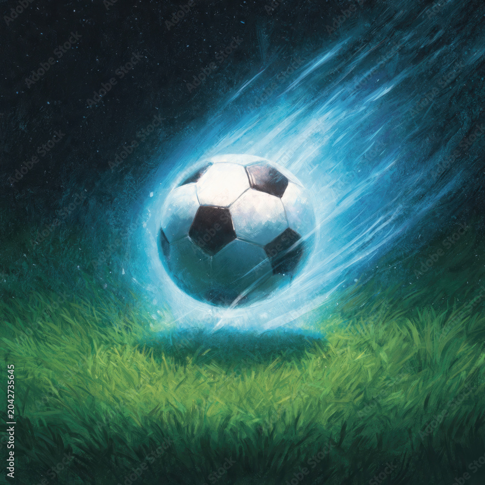 Fototapeta premium Dynamic soccer ball illustration with glowing energy trails on a grassy field