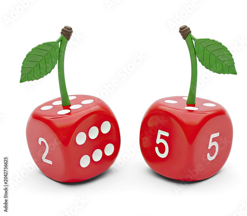 Two red dice shaped like cherries are displayed on a transparent background. Each die shows a number.