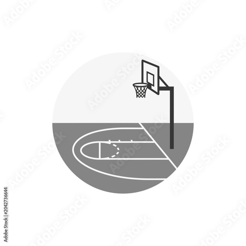 Half basketball court and hoop in circular frame.